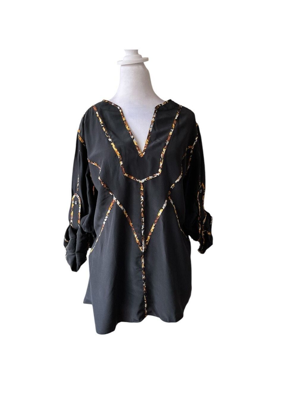 BCBG M black 100% silk V neck with contrast trim and tab sleeve tunic blouse